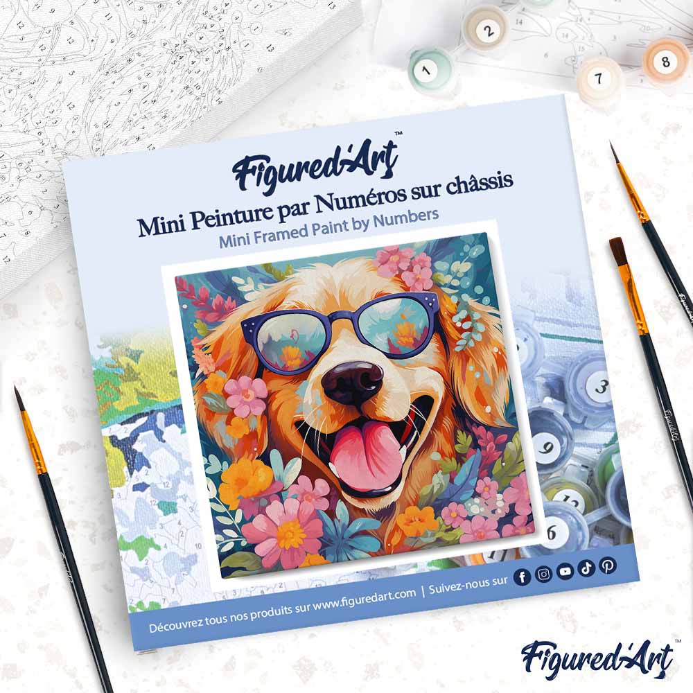 Mini Malen nach Zahlen mit Rahmen 20x20cm - Fantasie-Hund und Blumen