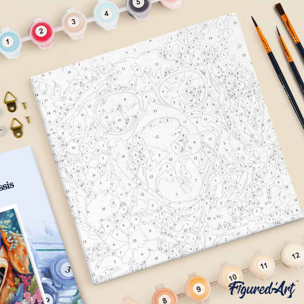 Mini Malen nach Zahlen mit Rahmen 20x20cm - Fantasie-Hund und Blumen