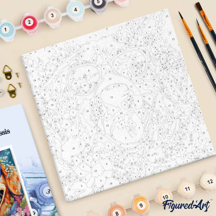 Mini Malen nach Zahlen mit Rahmen 20x20cm - Fantasie-Hund und Blumen