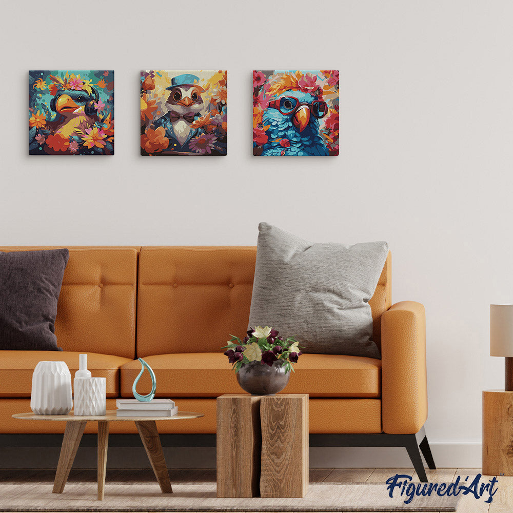 Mini Malen nach Zahlen mit Rahmen 20x20cm - Fantasie-Frackvogel und Blumen