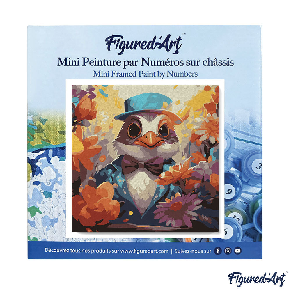 Mini Malen nach Zahlen mit Rahmen 20x20cm - Fantasie-Frackvogel und Blumen