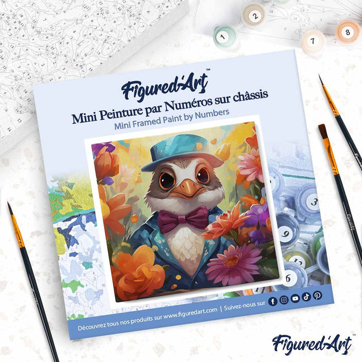 Mini Malen nach Zahlen mit Rahmen 20x20cm - Fantasie-Frackvogel und Blumen