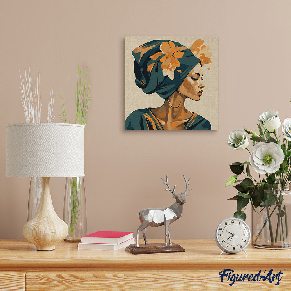 Mini Malen nach Zahlen mit Rahmen 20x20cm - Frau mit Blumen-Turban - Kidis Art