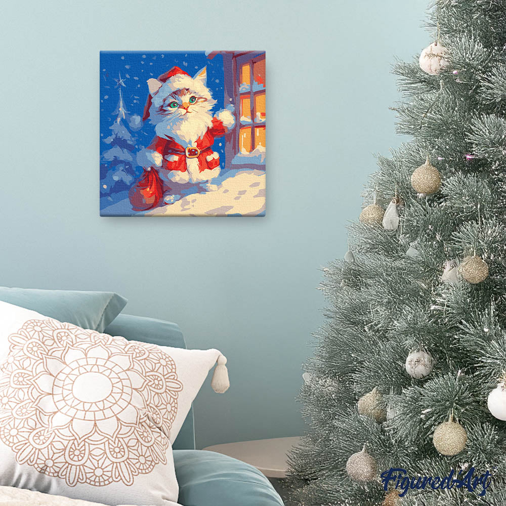 Mini Malen nach Zahlen mit Rahmen 20x20cm „Katze und Weihnachtsmann“ - Kidis Art