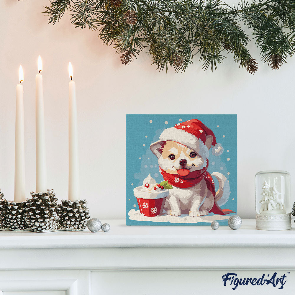 Mini Malen nach Zahlen mit Rahmen 20x20cm „Weihnachtswelpe“ - Kidis Art