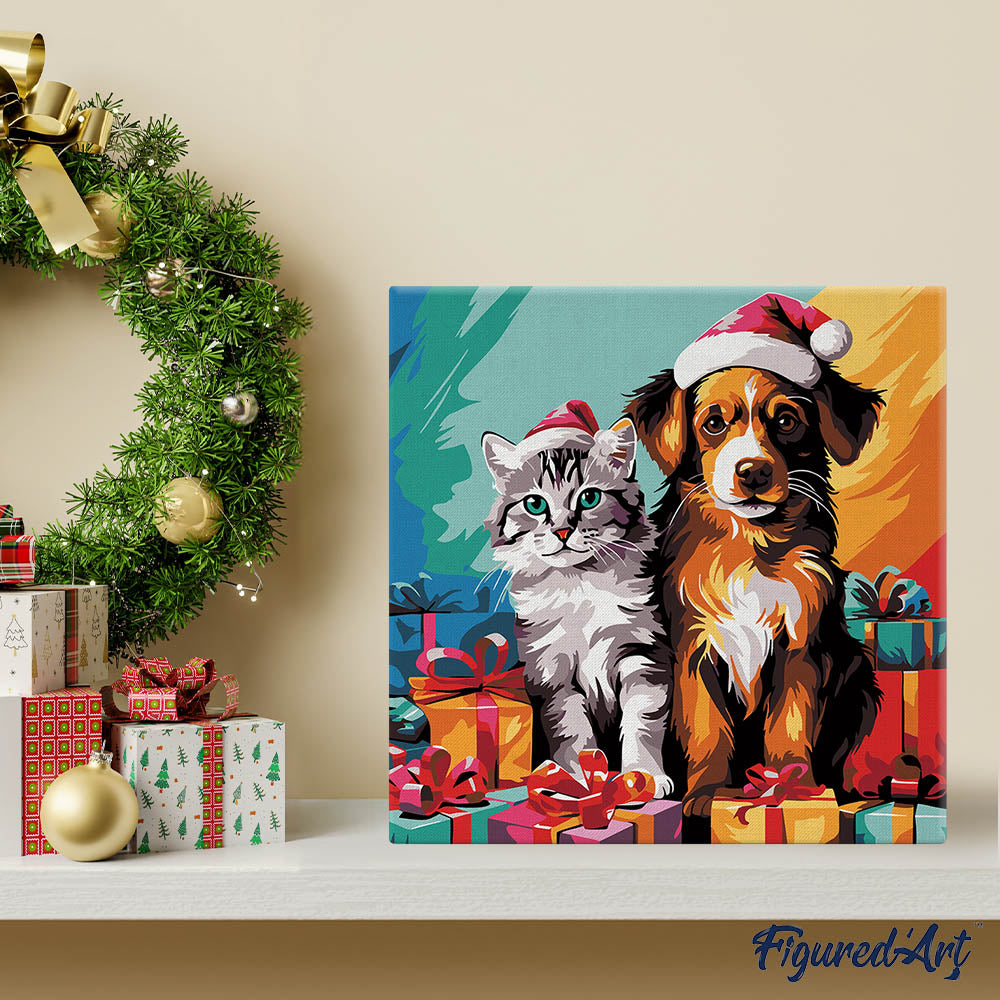 Mini Malen nach Zahlen mit Rahmen 20x20cm „Festliche Katze und Hund“ - Kidis Art