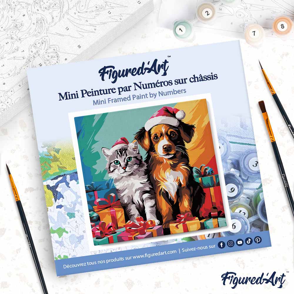 Mini Malen nach Zahlen mit Rahmen 20x20cm „Festliche Katze und Hund“