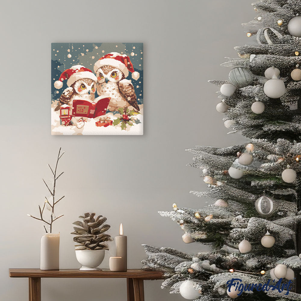Mini Malen nach Zahlen mit Rahmen 20x20cm Eulen Weihnachtsmann beim Lesen - Kidis Art