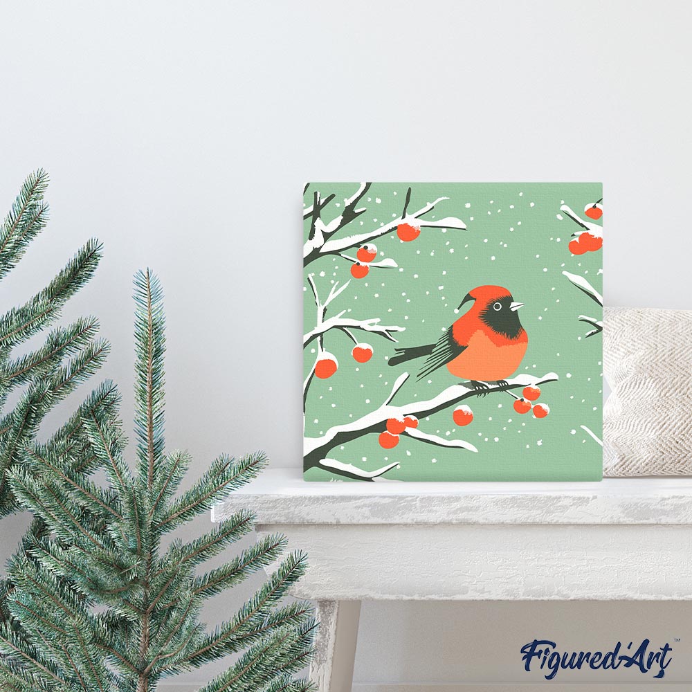 Mini Malen nach Zahlen mit Rahmen 20x20cm Rotkehlchen im Winter - Kidis Art