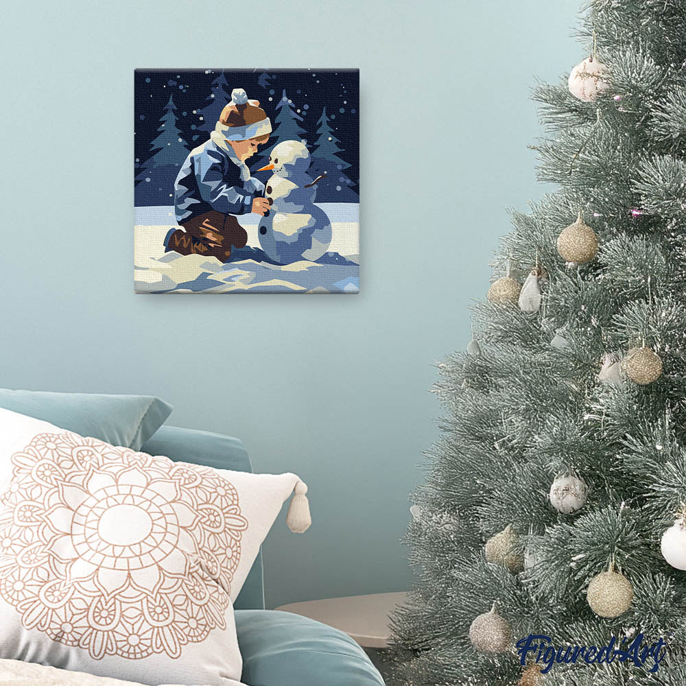 Mini Malen nach Zahlen mit Rahmen 20x20cm Junge und Schneemann