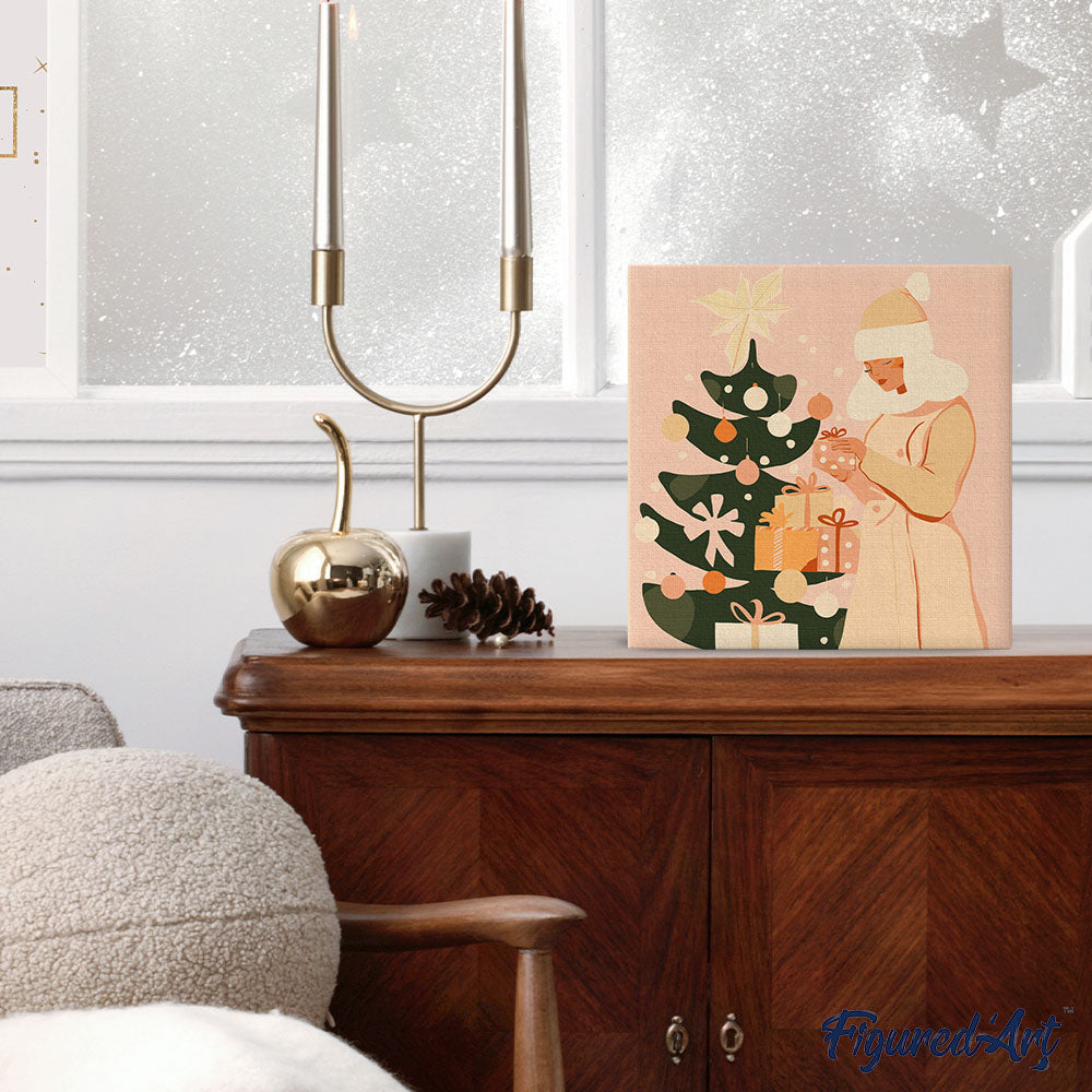 Mini Malen nach Zahlen mit Rahmen 20x20cm Frau mit Weihnachtsbaum - Kidis Art