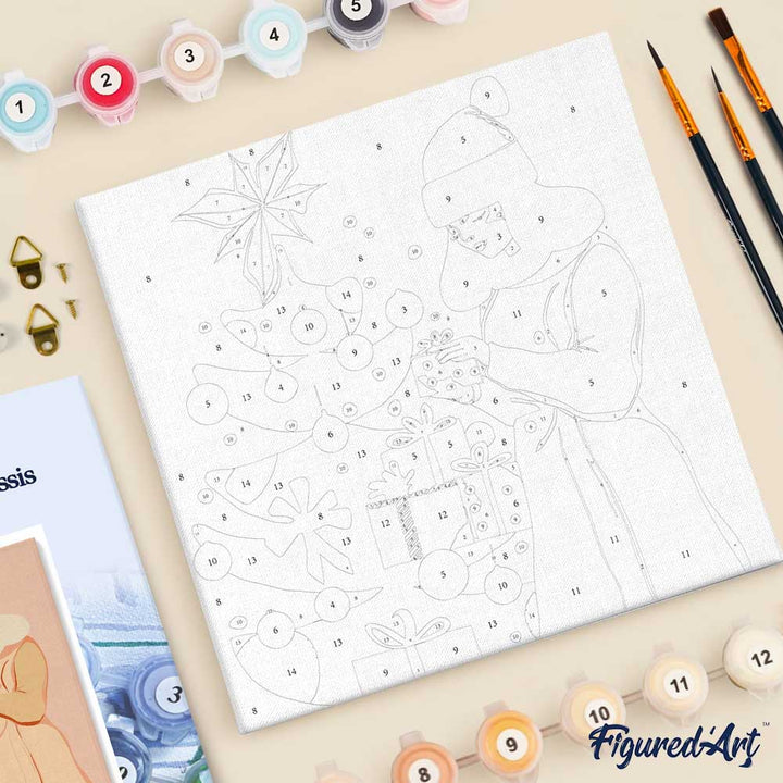 Mini Malen nach Zahlen mit Rahmen 20x20cm Frau mit Weihnachtsbaum