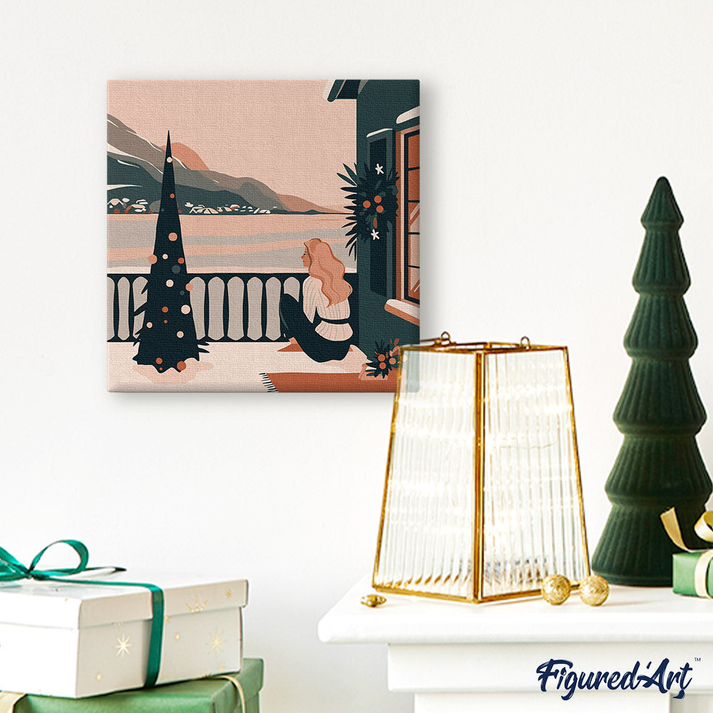 Mini Malen nach Zahlen mit Rahmen 20x20cm Frau und See im Winter