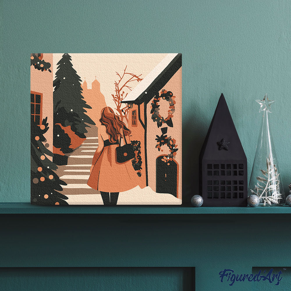 Mini Malen nach Zahlen mit Rahmen 20x20cm Frau in einem festlich geschmückten Dorf - Kidis Art