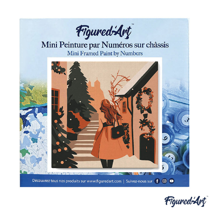 Mini Malen nach Zahlen mit Rahmen 20x20cm Frau in einem festlich geschmückten Dorf