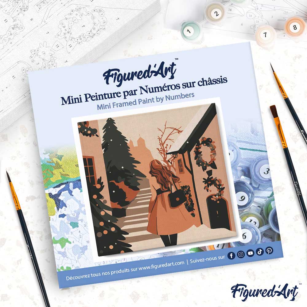 Mini Malen nach Zahlen mit Rahmen 20x20cm Frau in einem festlich geschmückten Dorf