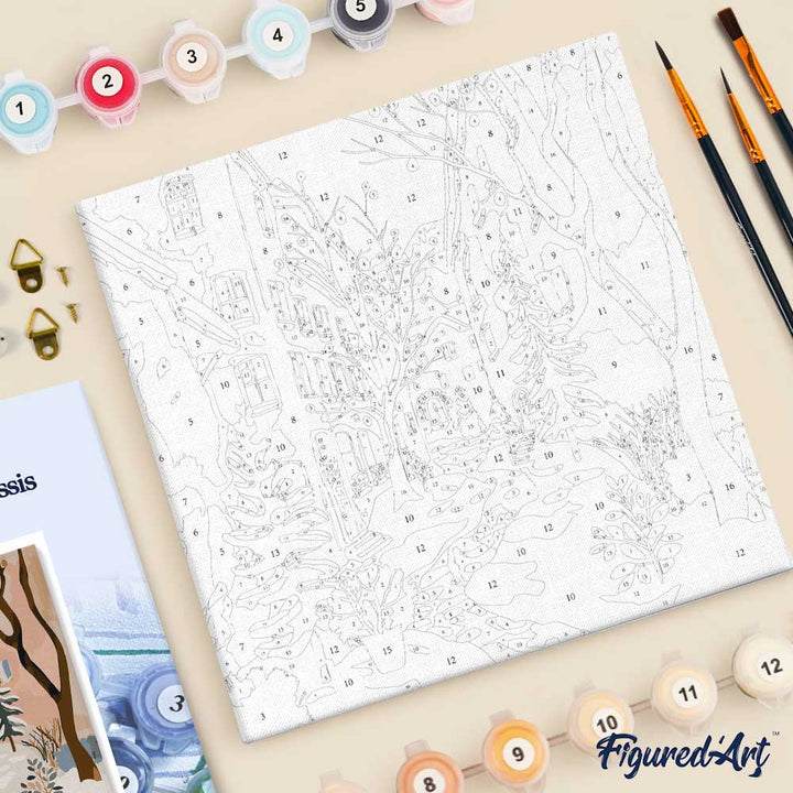 Mini Malen nach Zahlen mit Rahmen 20x20cm Verschneites Dorf