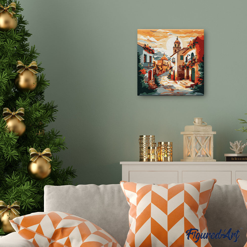 Mini Malen nach Zahlen mit Rahmen 20x20cm Dorfkirche im Sonnenschein