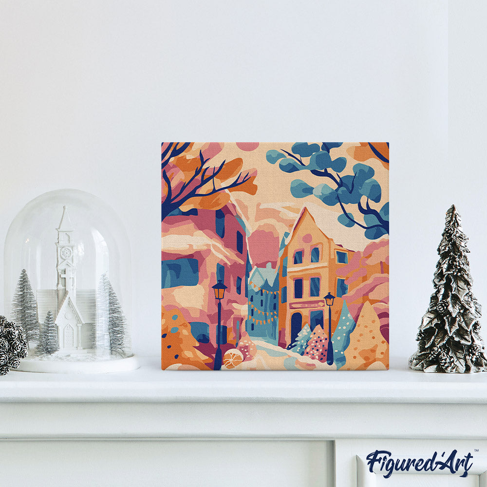 Mini Malen nach Zahlen mit Rahmen 20x20cm Schöne verschneite Stadt - Kidis Art