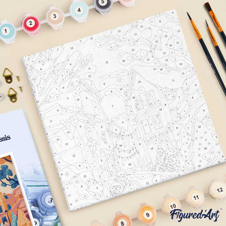 Mini Malen nach Zahlen mit Rahmen 20x20cm Schöne verschneite Stadt