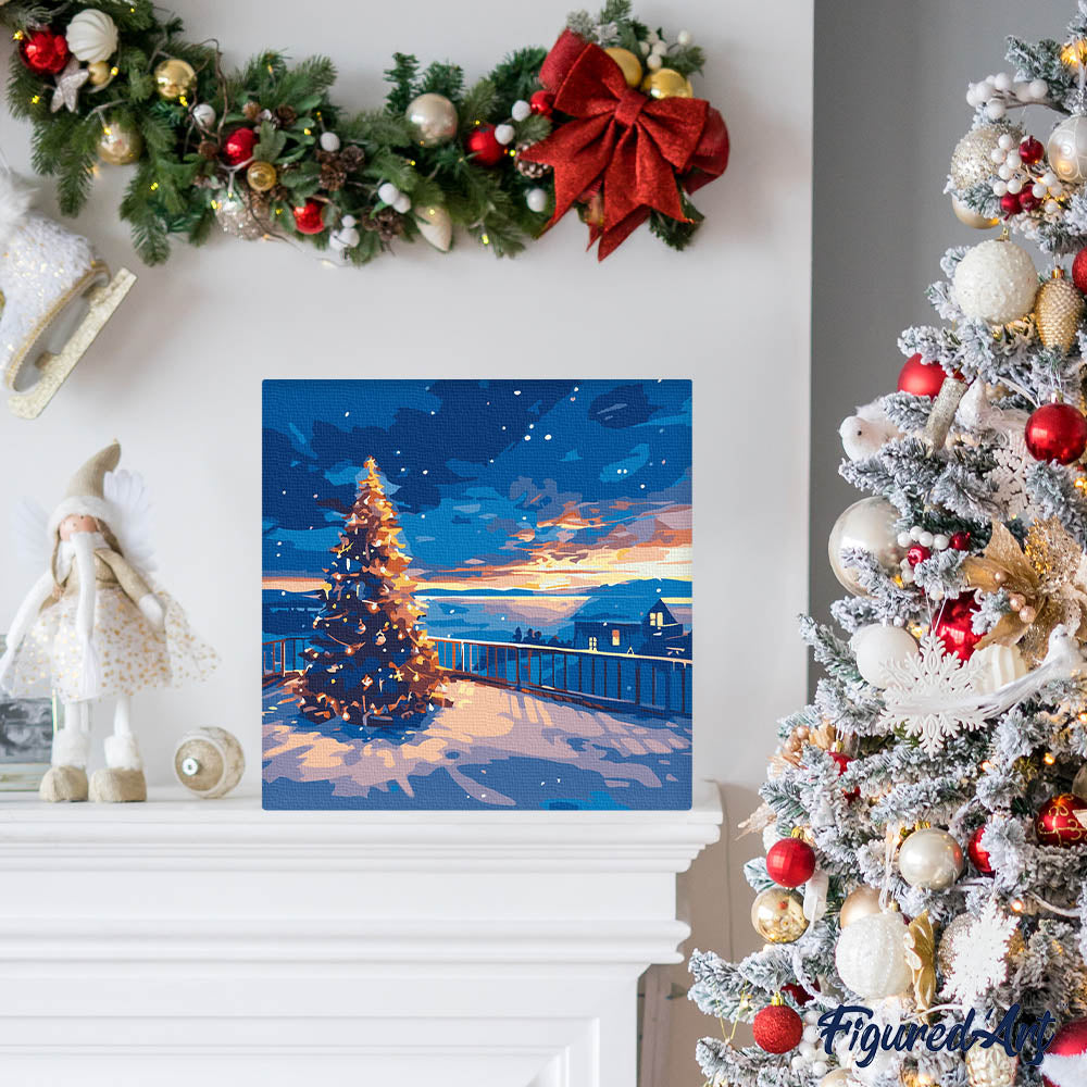 Mini Malen nach Zahlen mit Rahmen 20x20cm Funkelnder Weihnachtssonnenuntergang - Kidis Art