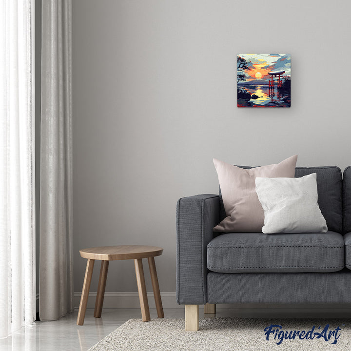 Mini Malen nach Zahlen mit Rahmen 20x20cm Torii-Tor bei Sonnenuntergang