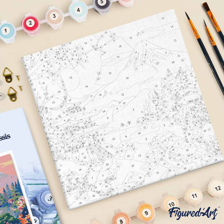 Mini Malen nach Zahlen mit Rahmen 20x20cm Pagode und Berg Fuji