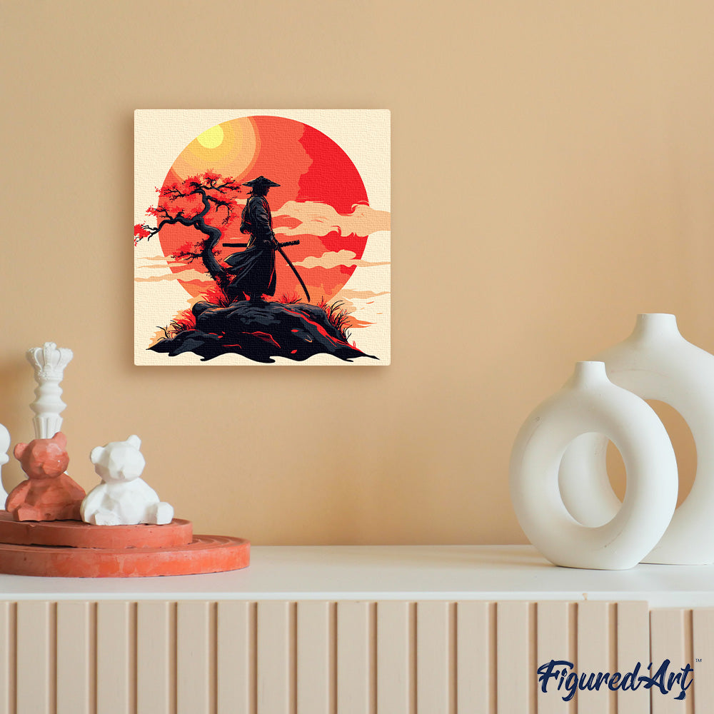 Mini Malen nach Zahlen mit Rahmen 20x20cm Samurai bei Sonnenuntergang - Kidis Art