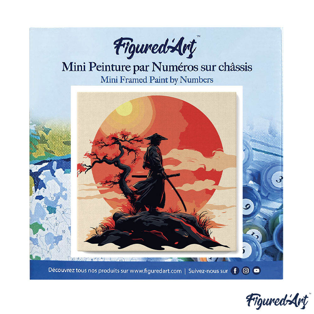 Mini Malen nach Zahlen mit Rahmen 20x20cm Samurai bei Sonnenuntergang