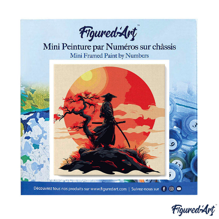 Mini Malen nach Zahlen mit Rahmen 20x20cm Samurai bei Sonnenuntergang
