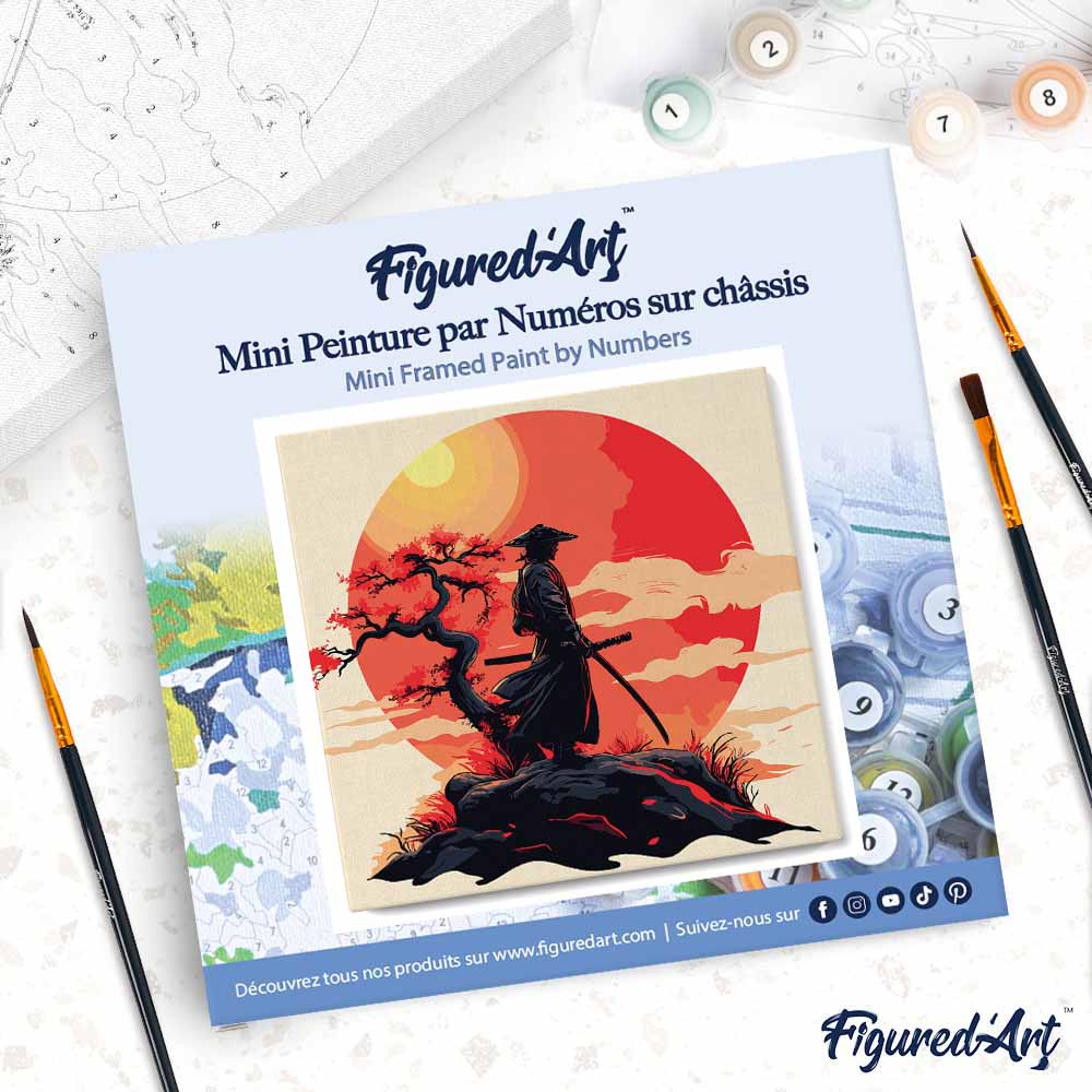 Mini Malen nach Zahlen mit Rahmen 20x20cm Samurai bei Sonnenuntergang