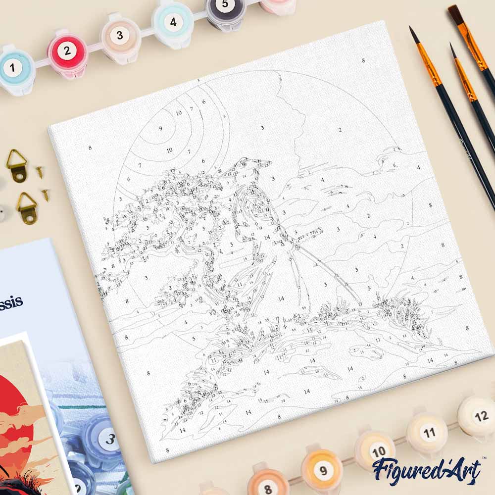 Mini Malen nach Zahlen mit Rahmen 20x20cm Samurai bei Sonnenuntergang