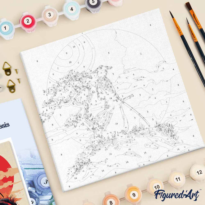 Mini Malen nach Zahlen mit Rahmen 20x20cm Samurai bei Sonnenuntergang