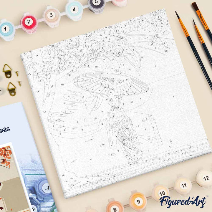 Mini Malen nach Zahlen mit Rahmen 20x20cm Friedlicher Spaziergang einer Geisha