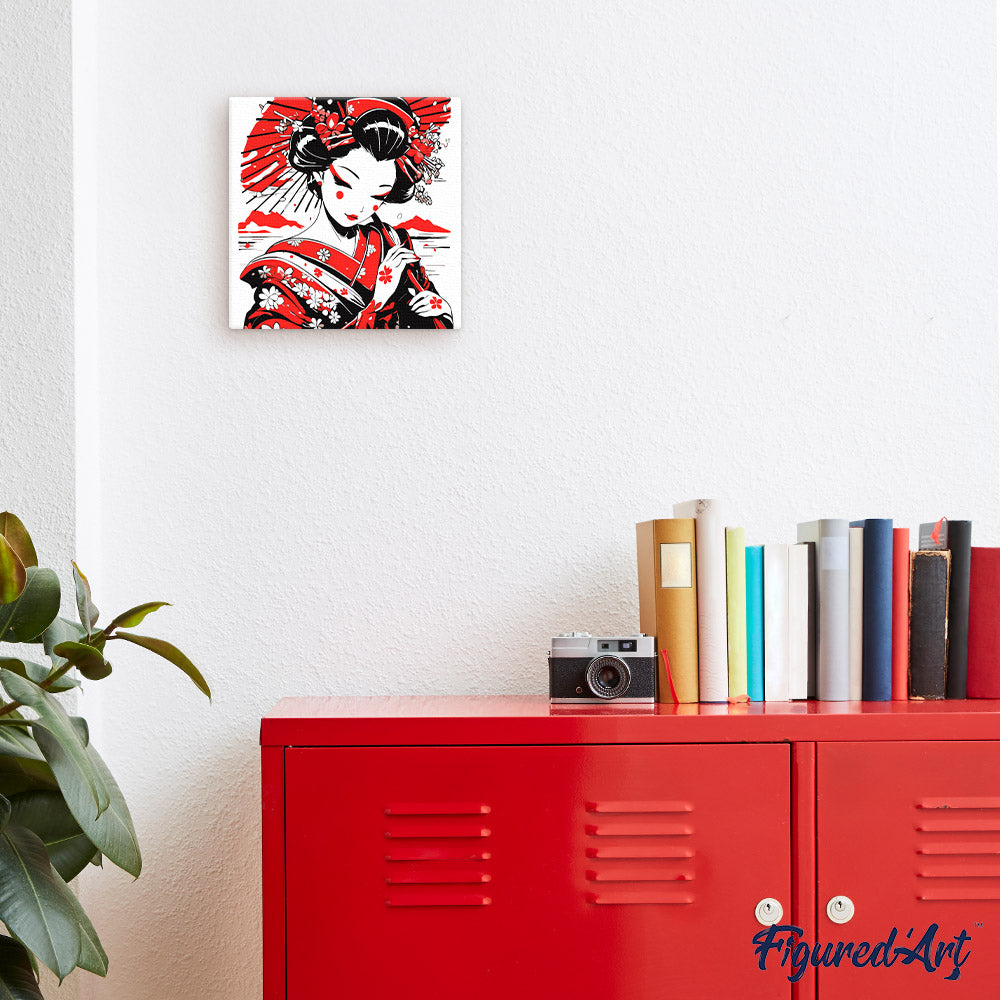 Mini Malen nach Zahlen mit Rahmen 20x20cm Rote und schwarze Geisha - Kidis Art