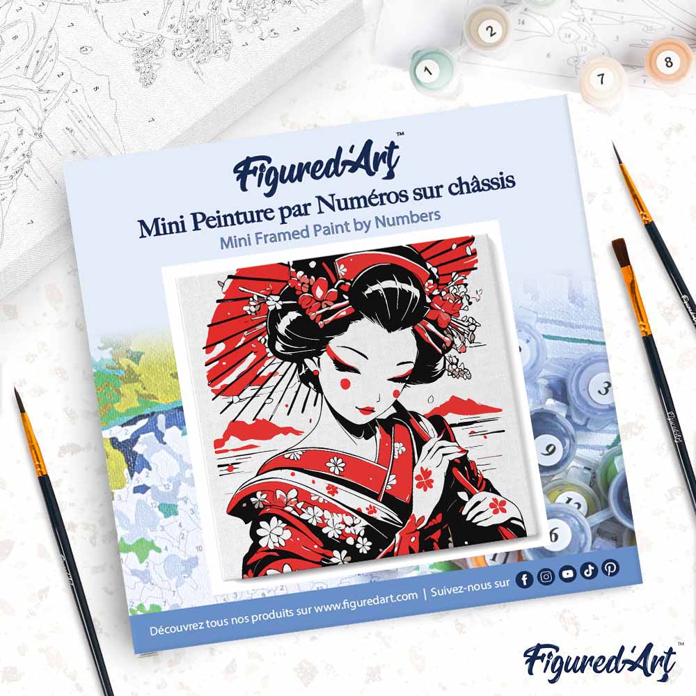 Mini Malen nach Zahlen mit Rahmen 20x20cm Rote und schwarze Geisha - Kidis Art