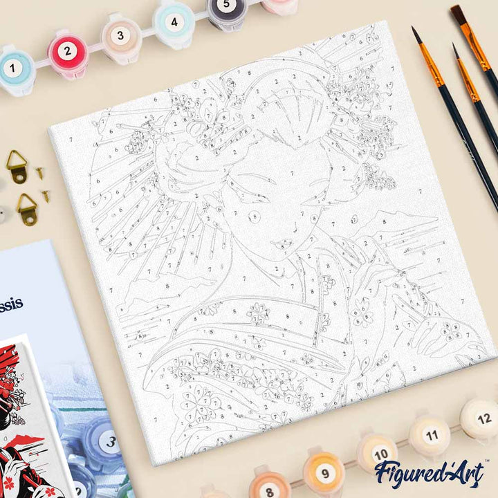 Mini Malen nach Zahlen mit Rahmen 20x20cm Rote und schwarze Geisha