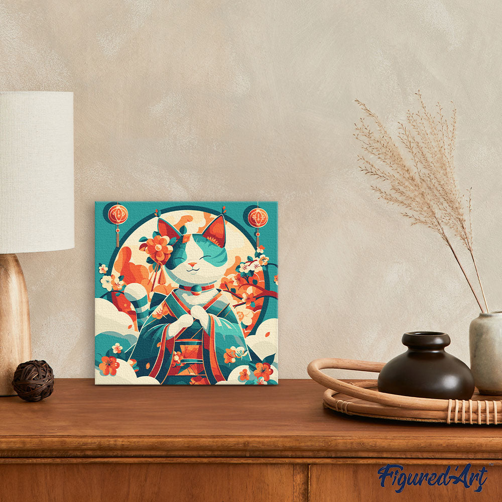 Mini Malen nach Zahlen mit Rahmen 20x20cm Japanische Prinzessinnenkatze - Kidis Art