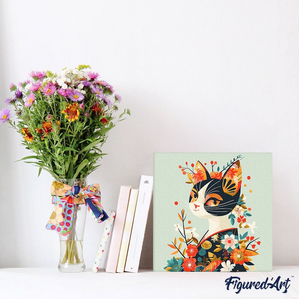 Mini Malen nach Zahlen mit Rahmen 20x20cm Katze mit Blumenmuster im Kimono