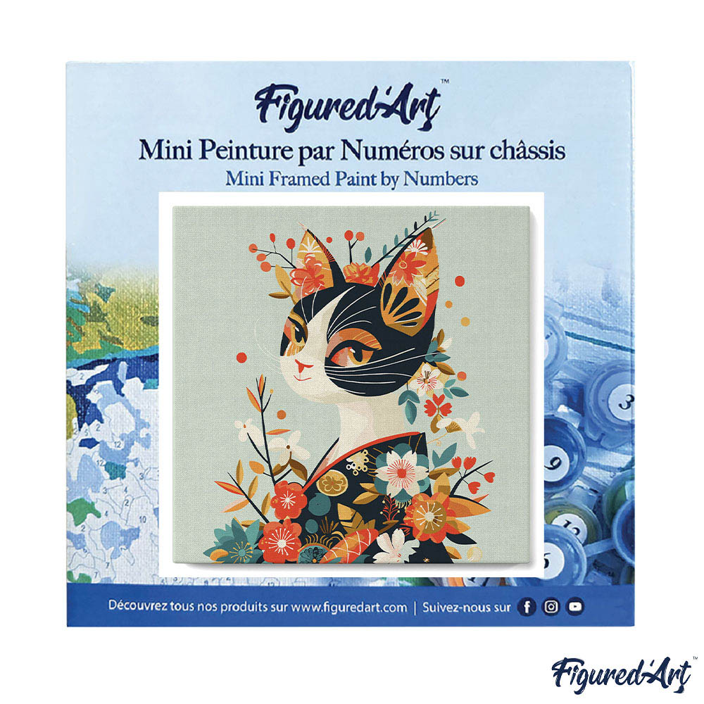 Mini Malen nach Zahlen mit Rahmen 20x20cm Katze mit Blumenmuster im Kimono
