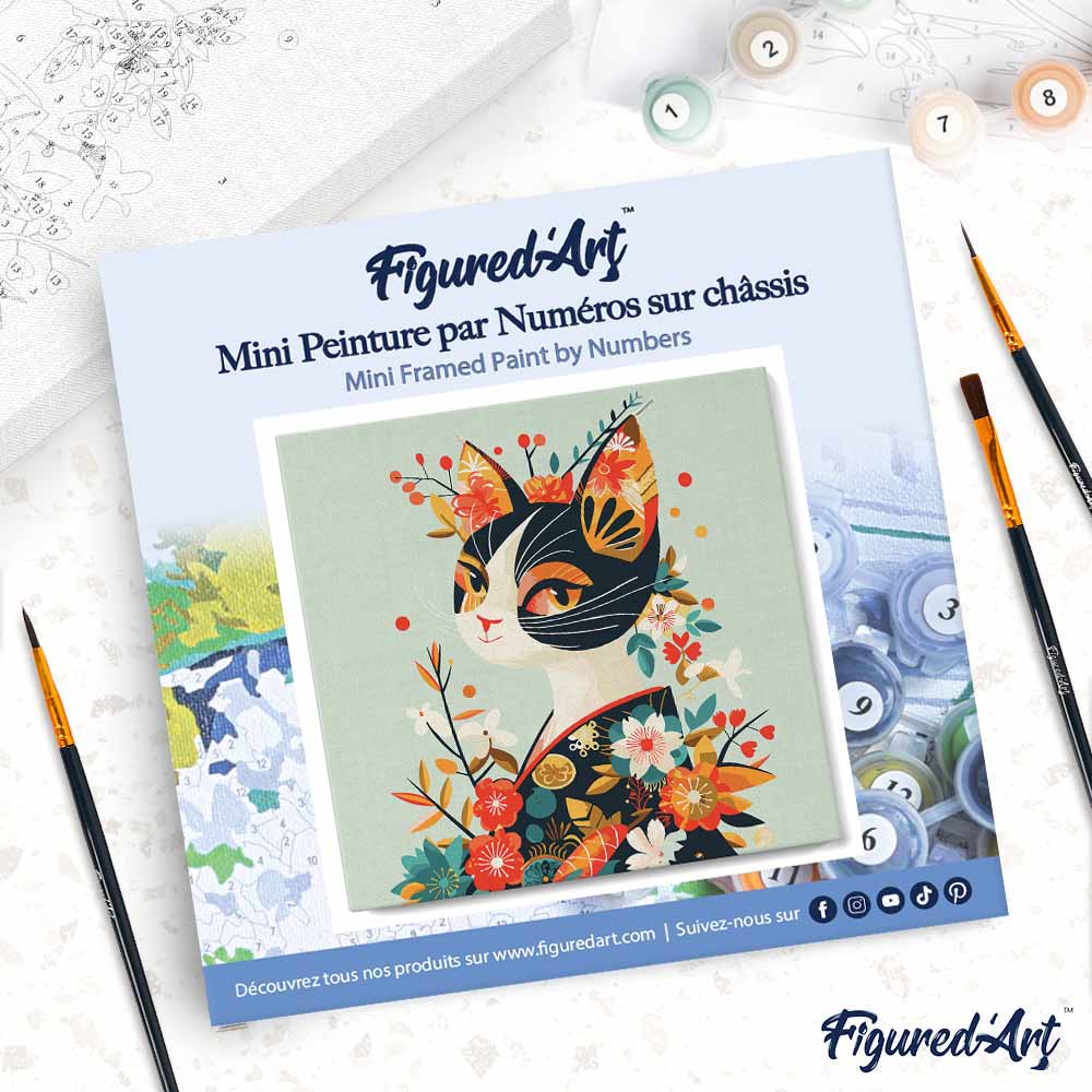 Mini Malen nach Zahlen mit Rahmen 20x20cm Katze mit Blumenmuster im Kimono