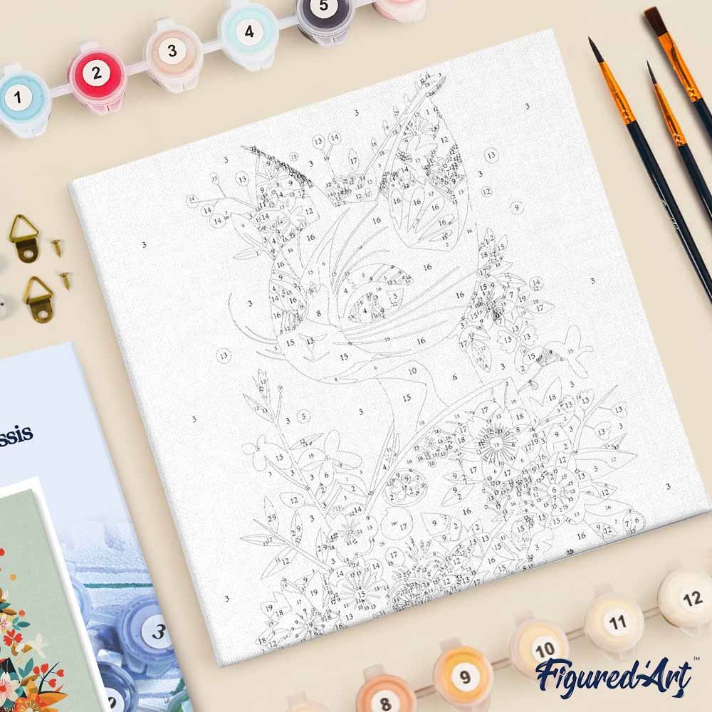 Mini Malen nach Zahlen mit Rahmen 20x20cm Katze mit Blumenmuster im Kimono