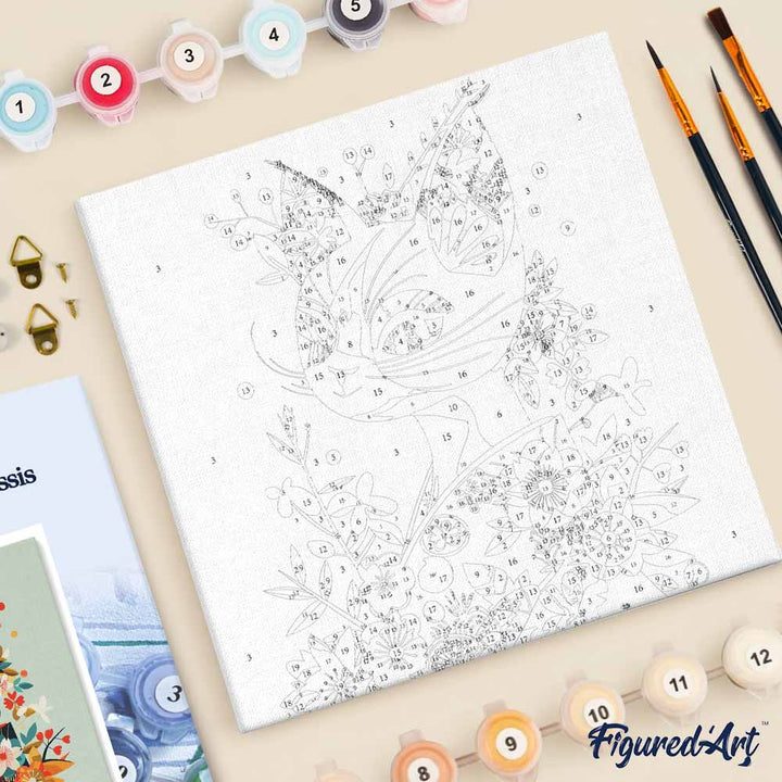 Mini Malen nach Zahlen mit Rahmen 20x20cm Katze mit Blumenmuster im Kimono