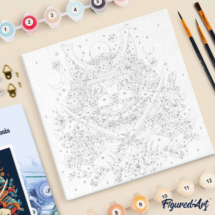 Mini Malen nach Zahlen mit Rahmen 20x20cm Samurai-Katze