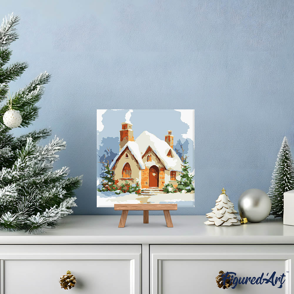 Mini Malen nach Zahlen mit Rahmen 20x20cm Backsteinhaus im Schnee - Kidis Art