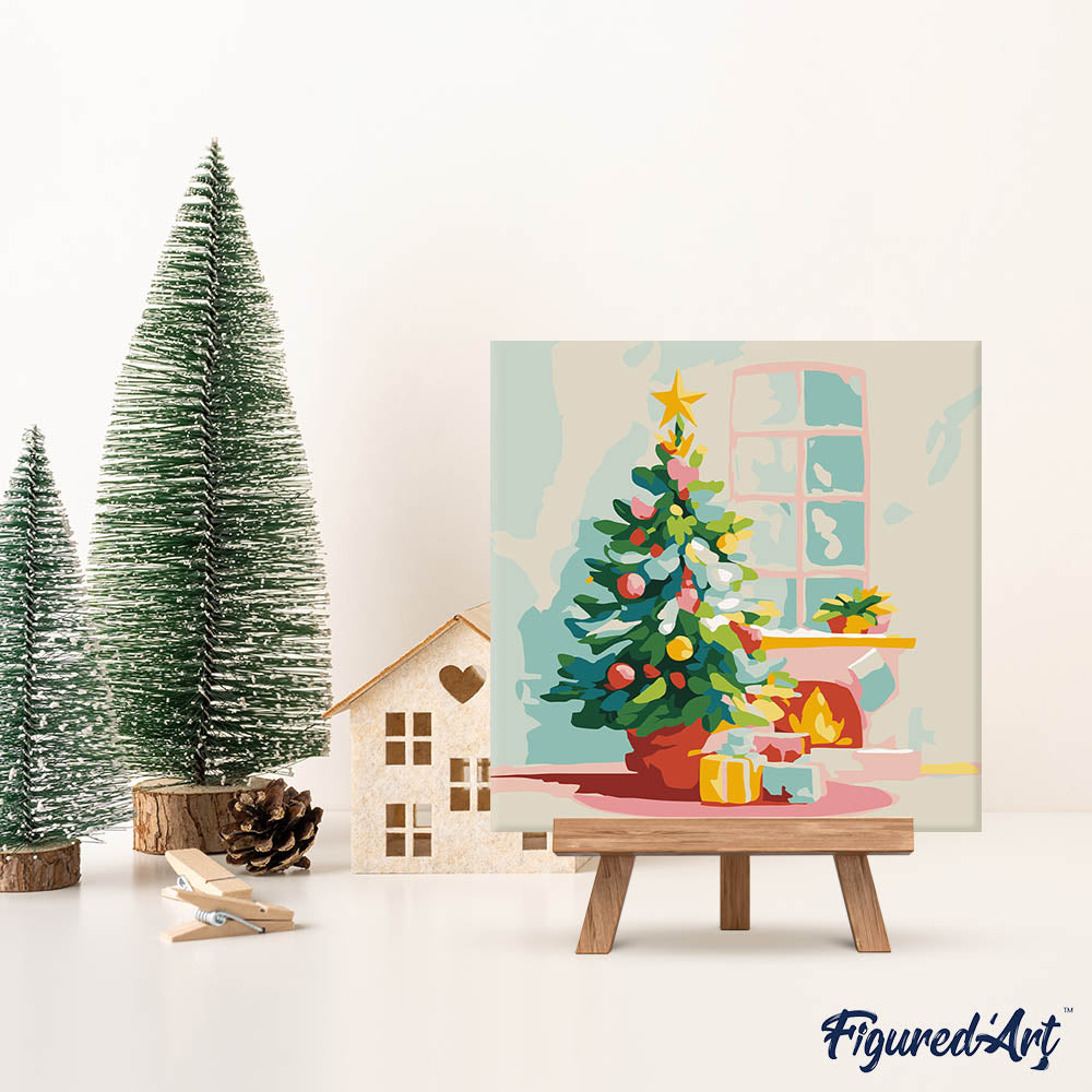 Mini Malen nach Zahlen mit Rahmen 20x20cm Tannenbaum und Kamin - Kidis Art