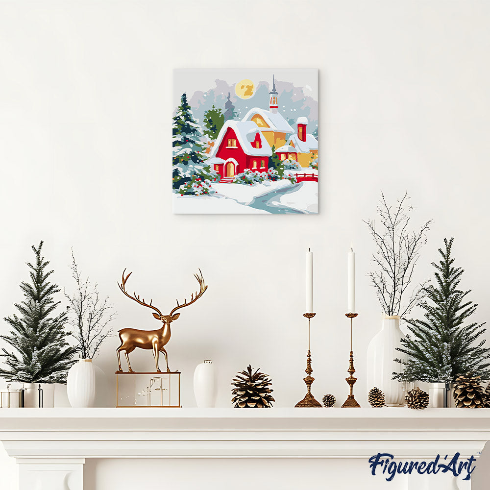 Mini Malen nach Zahlen mit Rahmen 20x20cm Rotes Haus im Winter - Kidis Art