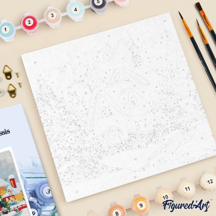 Mini Malen nach Zahlen mit Rahmen 20x20cm Rotes Haus im Winter