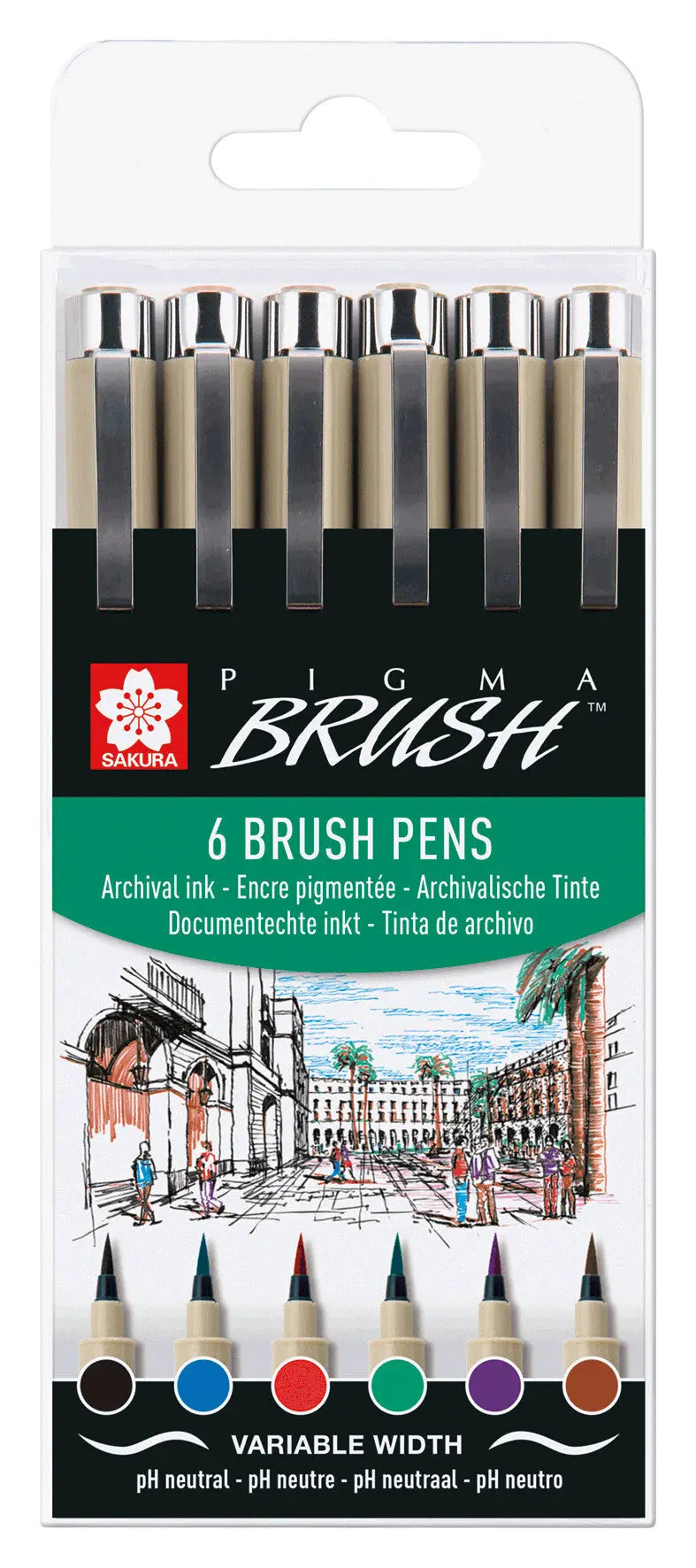 Sakura Pigma Brush Set, Etui mit 6 Basic-Farben