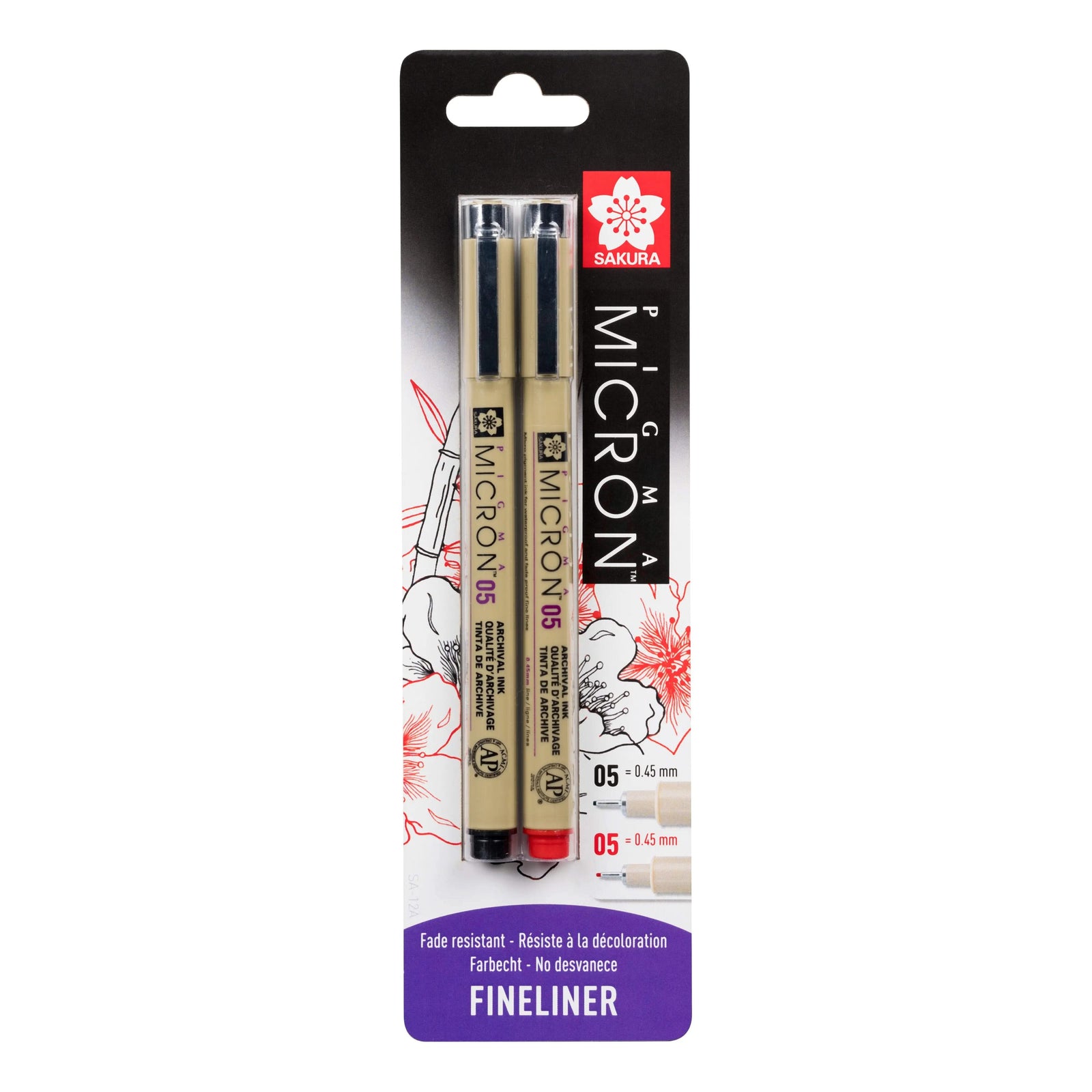 Sakura Pigma Micron 05, Schwarz/Rot, 0,45-mm, Blisterpackung, 2 Stück - Kidis Art